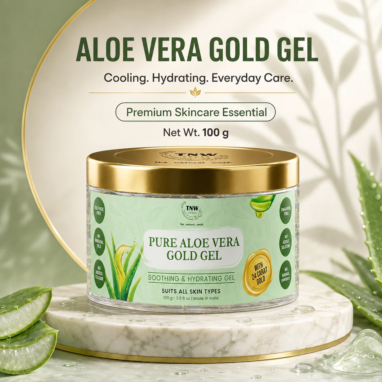 TNW The Natural Wash Pure Aloe Vera Gold Gel 100 GM for Hydrated, Soft, Fresh & Glowing Skin, image 1