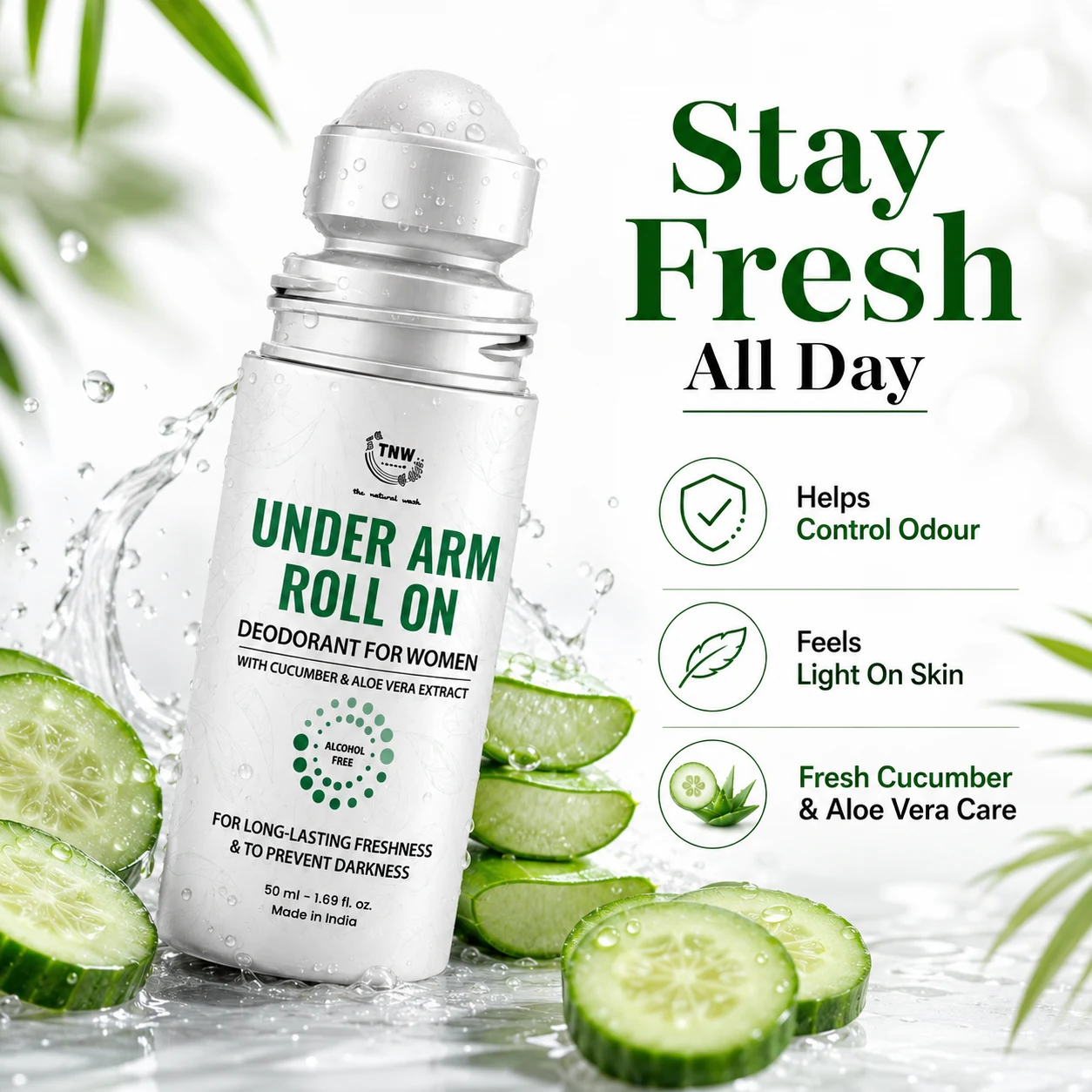 TNW The Natural Wash Underarm Roll On for Women 50ml for Fresh, Smooth & Odour-Free Feeling Underarms, image 1