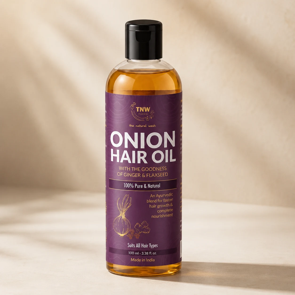 TNW The Natural Wash Onion Hair Oil with Ginger & Flaxseed | 100% Pure & Natural Ayurvedic Hair Care Oil for Nourished, Softer & Healthier-Looking Hair | 100 ml, image 1